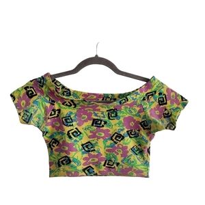VTG Heatwave Bodywear 80s Geometric Floral Off Shoulder Stretch Crop Top Shirt